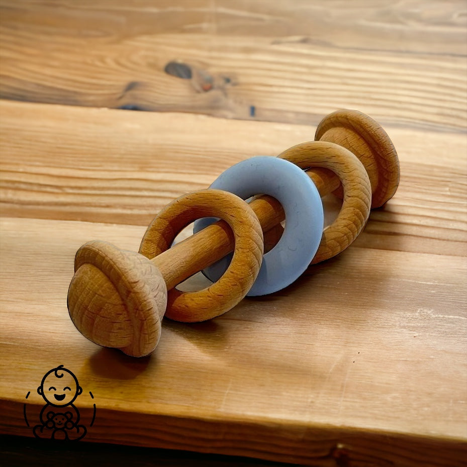 Hochet dentition bois silicone bleu