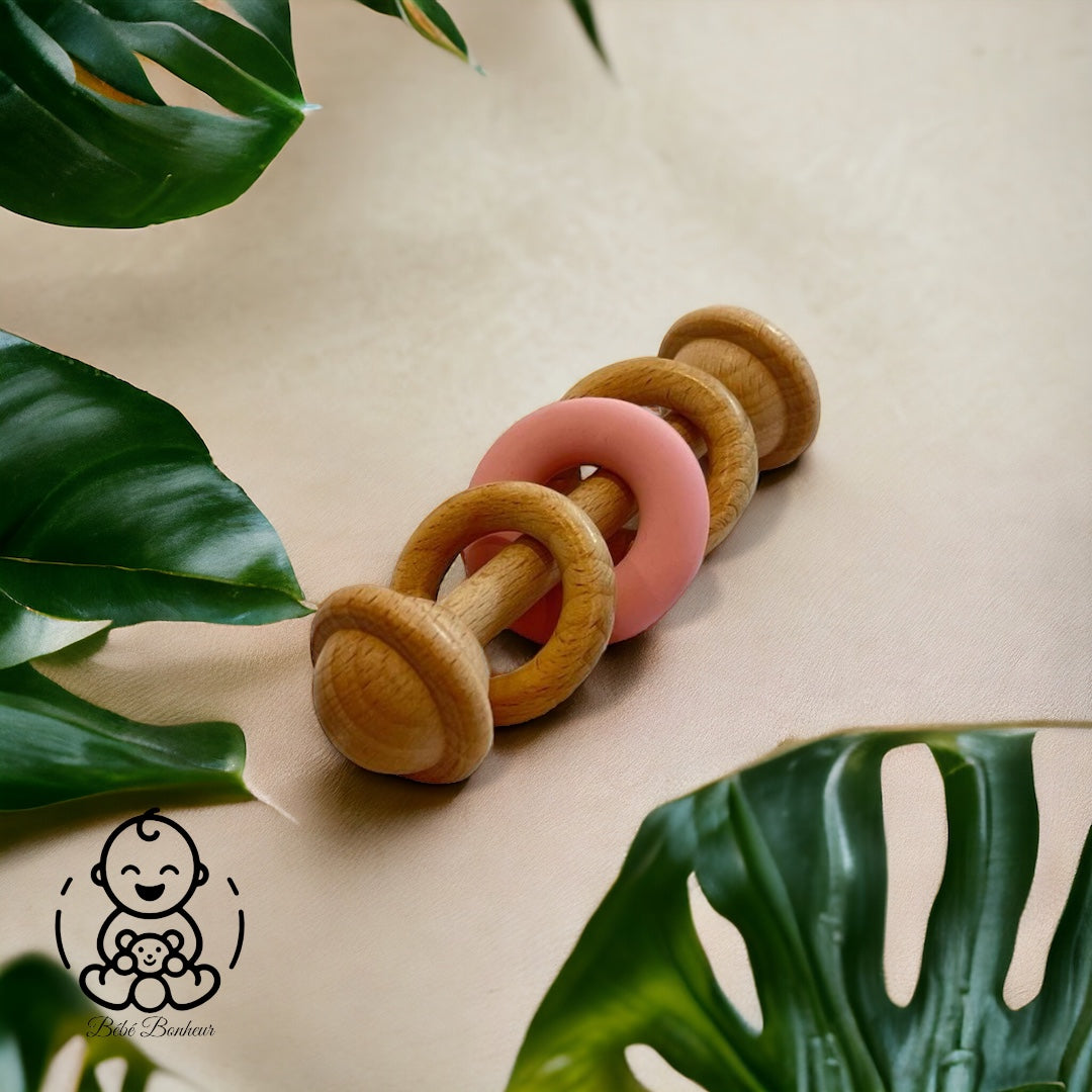 Hochet de dentition bois silicone rose